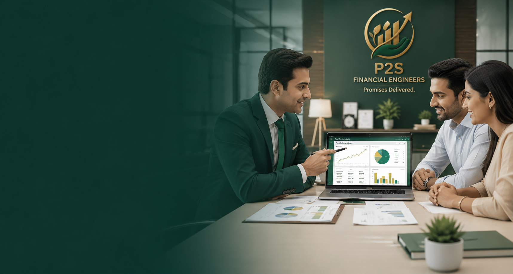 Wealth planning desk with calculators and investment growth charts