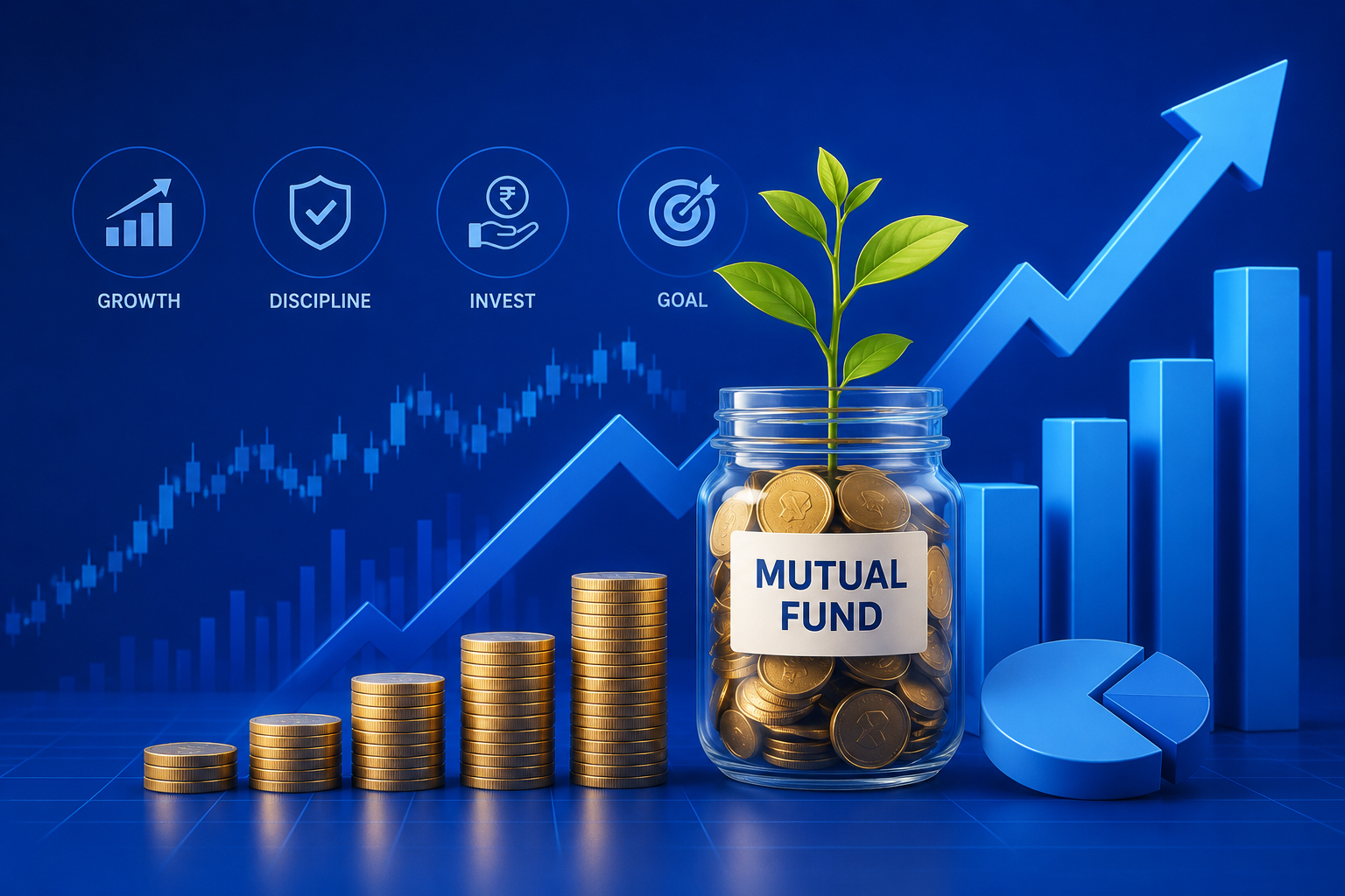Mutual fund themed illustration with upward growth and coin stacks