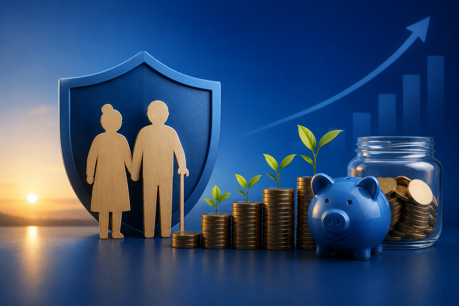 Retirement planning illustration with savings and protection